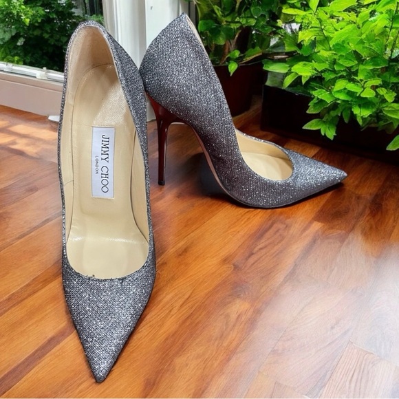 JIMMY CHOO Abel 100mm Pumps in Anthracite Silver Glitter Metallic 34.5 - Picture 4 of 13